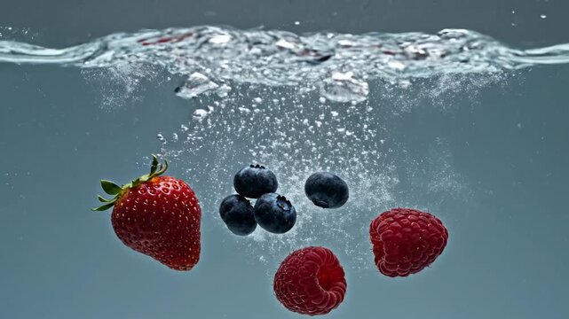 Fresh strawberries, blueberries, and raspberries splashing into clear water, creating ripples and bubbles, healthy food concept