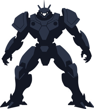 Black silhouette of a powerful futuristic robot mecha warrior standing in a ready battle pose
