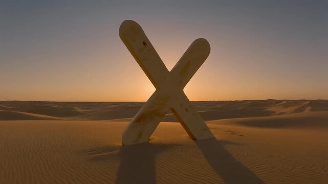 Large X symbol standing on sand dunes in desert during sunset
