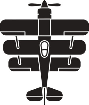 Black silhouette icon of a vintage triplane airplane with three wings seen from a top view