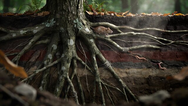 Cross section of oak tree root system under forest floor &ndash; Great for environmental education, arboriculture websites, or nature magazine articles.