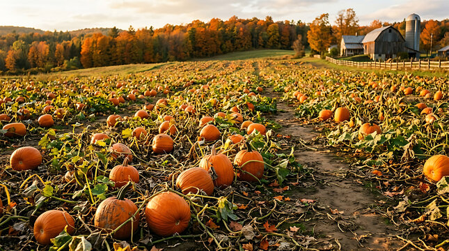 Autumn Pumpkin Field with Vibrant Orange Pumpkins in a Rustic Farm Garden Harvest Landscape for Halloween Thanksgiving and Seasonal Agriculture Celebration
