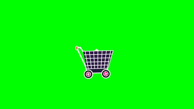 Colorful shopping cart with empty basket on bright green background.