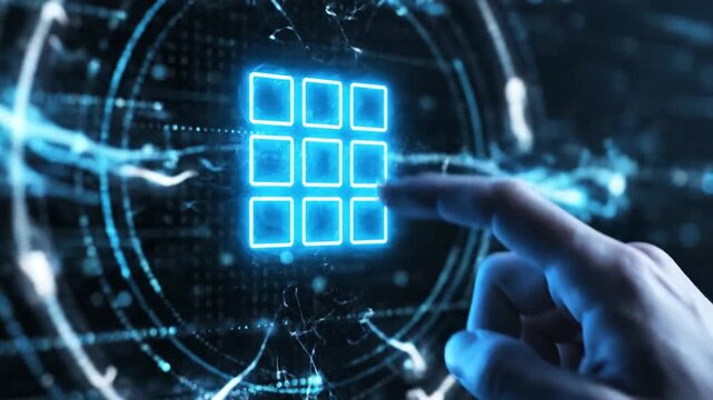 Hand interacting with glowing digital keypad grid interface on dark background.