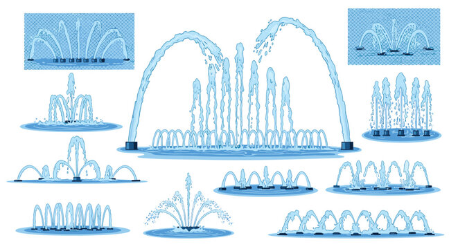 Collection of various water fountain spray patterns and architectural water features shown in a soft blue color against white.