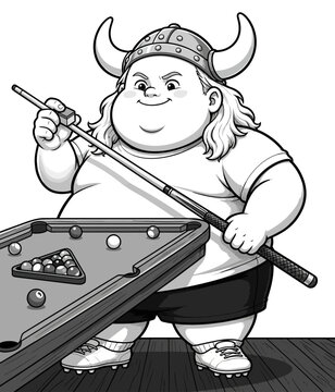 Viking character playing pool with cue stick.