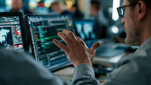 Data science and engineering team analyzing digital technology charts on office computer screens