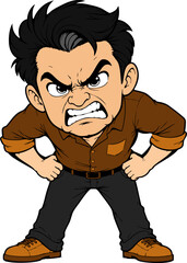 Naklejka premium Furious Cartoon Man with Clenched Teeth and Hands on Hips Standing in Aggressive Angry Pose Vector Character Illustration