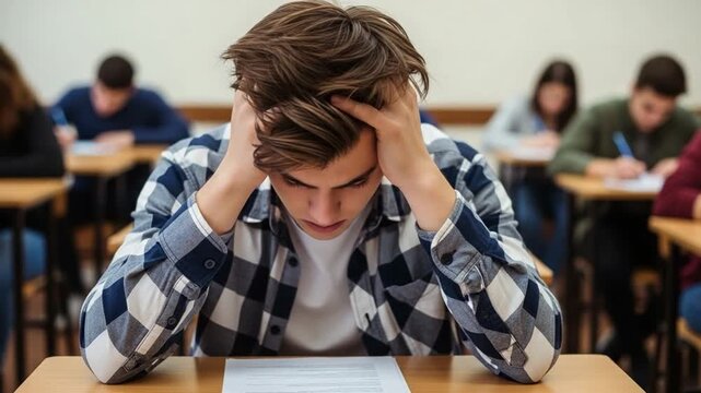 Stressed young male student taking a difficult exam in a classroom, academic pressure and test anxiety concept, high school or college student struggling with test paper