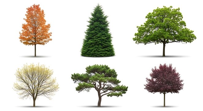 Six isolated tree variations autumn, evergreen, leafy, budding, pine, and purple, each casting shadows