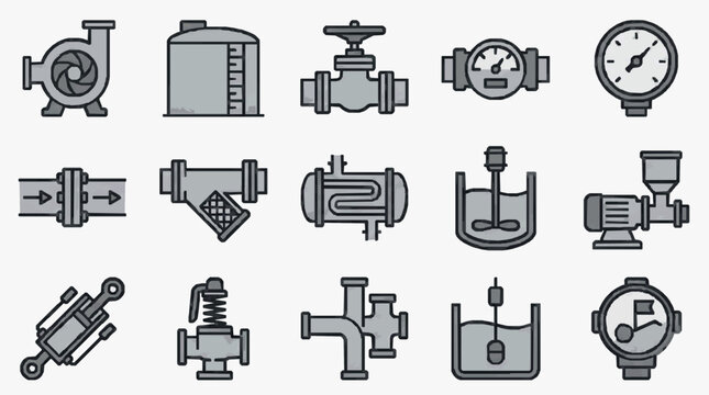Elegant Monochromatic Line Drawing Set of Industrial Fluid Mechanics and Measurement Equipment Icons