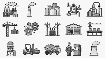 Modern Black and White Line Set of Industrial and Manufacturing Equipment and Workplace Icons with high quality professional line art symbols for modern creative design and digital branding projects © Koji