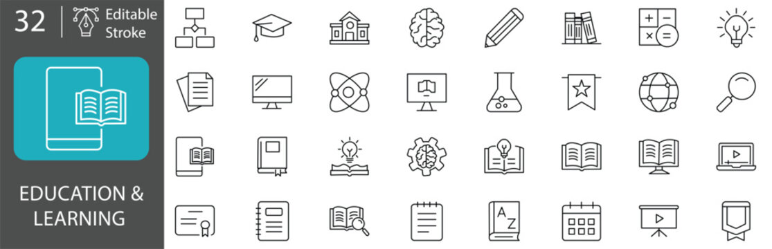 Set of 32 education and learning line icons, vector illustration of school, university, elearning, study, and knowledge symbols editable stroke, vector illustration