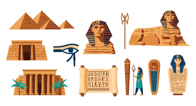 Ancient Egyptian cultural symbols and monuments including pyramids the sphinx pharaoh busts papyrus scrolls and traditional icons are shown.