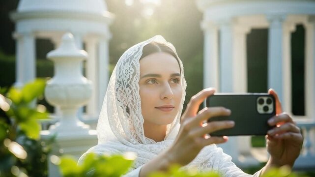 Young woman in white lace headscarf taking photo with smartphone in sunny garden, elegant modest fashion concept for social media
