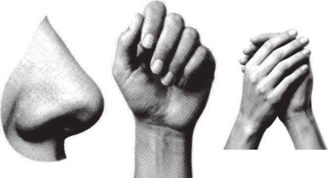 Halftone style nose fist and praying hands in stark contrast on white background