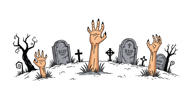 Horror illustration showing several decaying zombie hands reaching up from graves in a spooky cemetery with tombstones and dead trees.