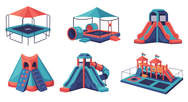 Set of colorful inflatable playground equipment including slides bounce houses and obstacle courses for children's outdoor parties and events.