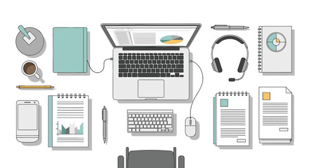 Fototapeta premium Overhead view of a modern office desk equipped with a laptop smartphone coffee notebooks headphones and various business documents.