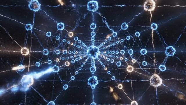 Network connections form a glowing blue web with nodes and lines on a dark background with 18.mp4 reference