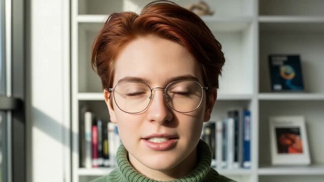 Portrait of a young nonbinary person with short red hair and glasses wearing a green turtleneck sweater in a library setting