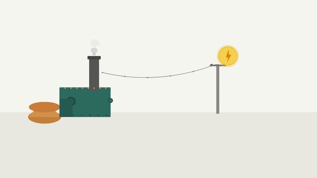 Industrial steam engine produces electrical power output in this minimalist flat vector animation footage showing energy transmission and grid infrastructure