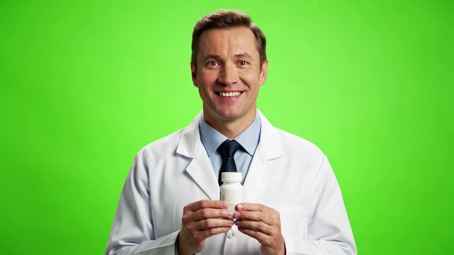 Male doctor in white lab coat examining a medicine bottle on a green screen