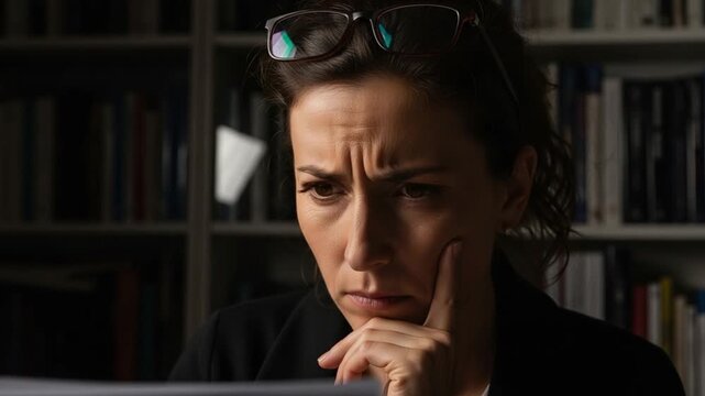 Concerned Caucasian woman in glasses reading document in home office library, focused professional analyzing complex data or contract