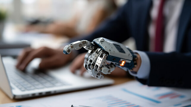 Robotic hand reaching toward laptop keyboard while businessman works, artificial intelligence assisting office work concept