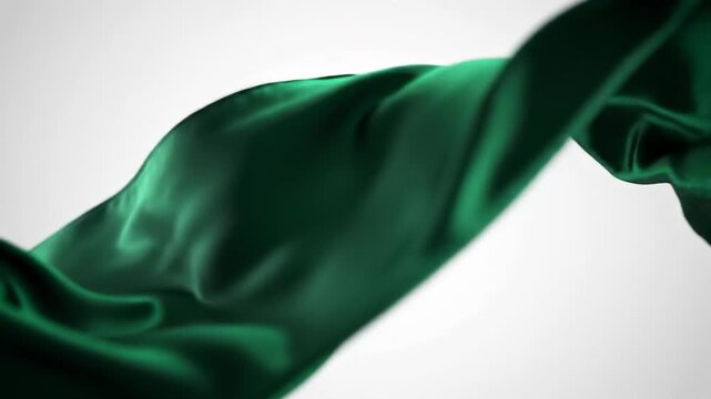 Elegant flowing emerald green silk fabric waves with soft highlights on a subtle grey gradient background, abstract luxury motion