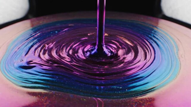 Abstract metallic liquid paint pouring and swirling, creating iridescent colorful patterns and textures, macro view, fluid dynamics