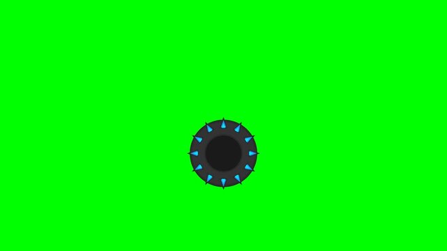 Rotating circular gear with sharp blue triangular spikes isolated on a vibrant green screen for digital animation motion clip