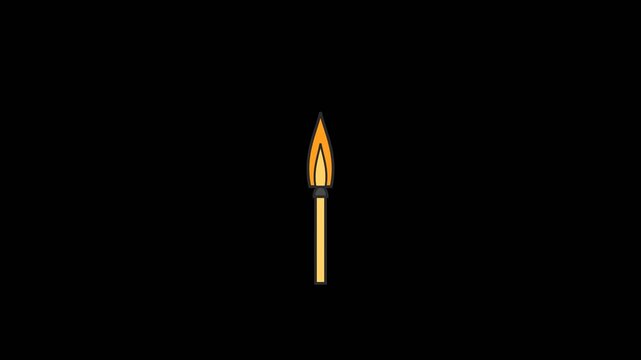 Lit wooden matchstick with a bright yellow flame glows against a dark background in this minimalist 2d animation video clip