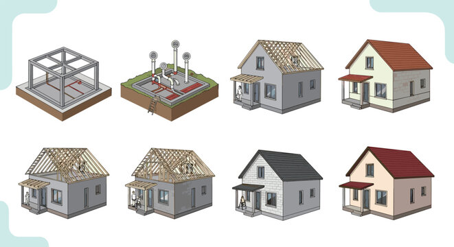 Sequential stages of house construction from foundation and framing to finished exterior showing the building process for real estate projects.
