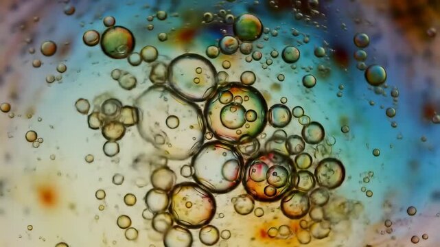 Microscopic view of oil and water bubbles abstract pattern, colorful swirling liquid mixture, macro photography, science background
