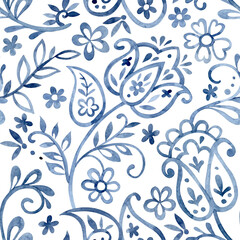 Seamless pattern with folk floral ornament. Blue oriental print, flowers, and paisley. © Tatiana