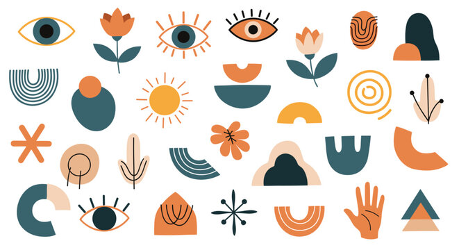 Abstract bohemian design elements featuring mystical eyes, sun symbols, floral shapes, and organic geometric forms for creative art projects.