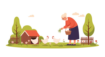 Naklejka premium Elderly woman carrying a basket and feeding white chickens in front of a coop in a peaceful countryside yard.