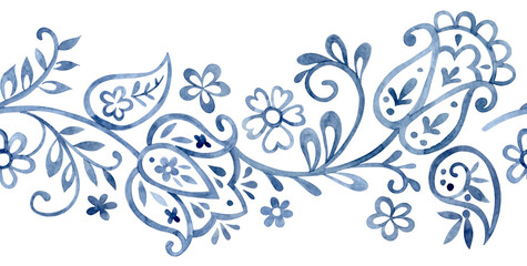 Seamless border with folk floral ornament. Blue oriental style frame, flowers, and paisley. © Tatiana