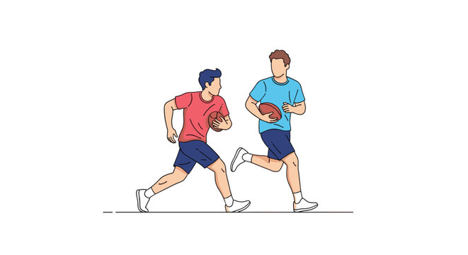Two active young athletic men running fast while carrying rugby balls during an intense sport match or training session.