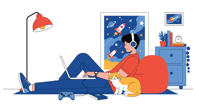 Young male gamer wearing headphones lying comfortable on floor with laptop and his cute cat in cozy bedroom space.