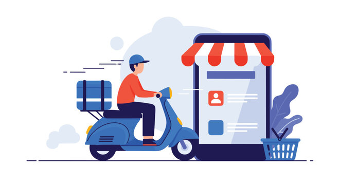 Delivery rider on a blue motor scooter with a package passing by a large smartphone screen with a store canopy.