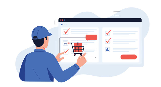 Logistics worker in a blue uniform and cap using a large digital screen to manage online shopping orders and deliveries.