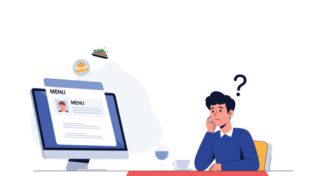 Confused man sitting at a table with a wine glass, looking at a computer screen displaying an online restaurant menu.