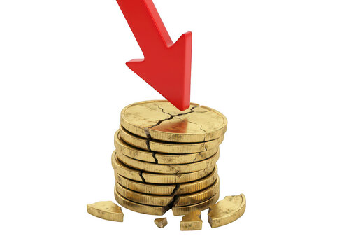 Coins stack with red arrow pointing down