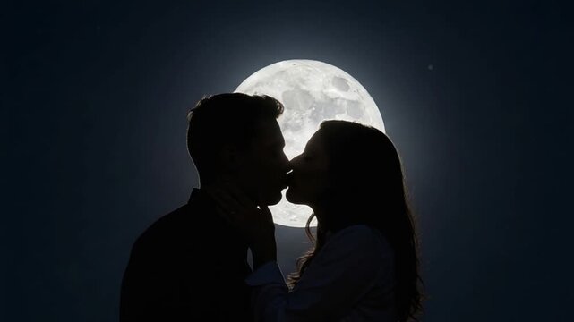 Romantic silhouette of a young couple kissing against a bright full moon at night representing love connection and intimacy