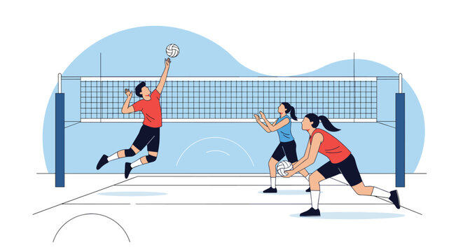 Professional female volleyball players jumping to spike and defend the ball near the net on an indoor sport court.