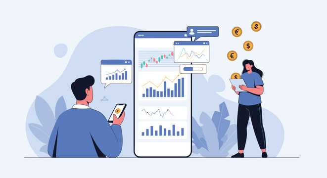 Professional financial analysts tracking stock market graphs and statistics on a giant mobile screen and digital tablet.