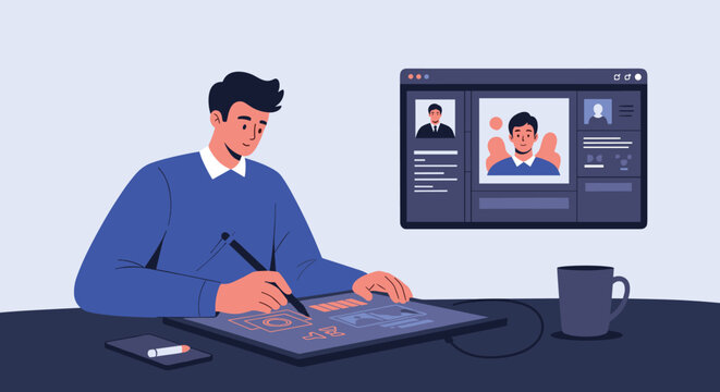 Professional graphic designer working on a drawing tablet creating user profiles on a website design screen at his desk.