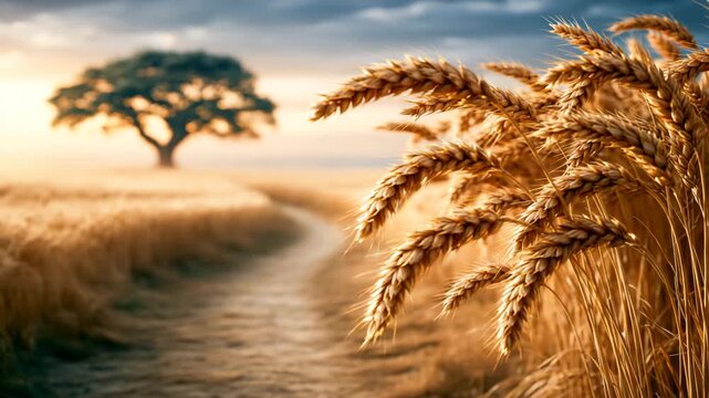 Narrow Path Through Tall Golden Wheat Field at Evening
